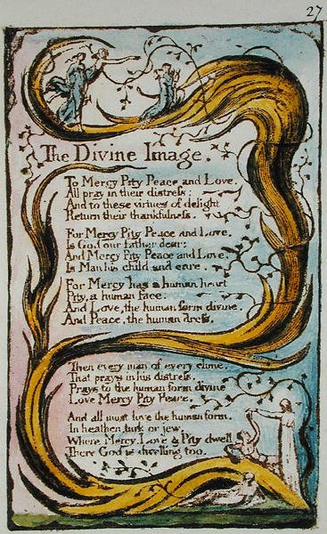 The Divine Image, illustration fra Songs of Innocence and of Experience (Bentley Copy L) pl.27 (Bentley 18) 1789-94 (relief ætsning med pen & wc på papir) af William Blake